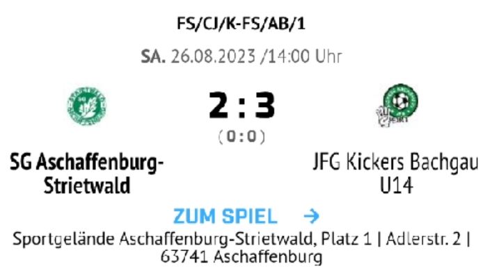 SG Aschaffenburg-Strietwald - JFG Kickers Bachgau U14, 2:3